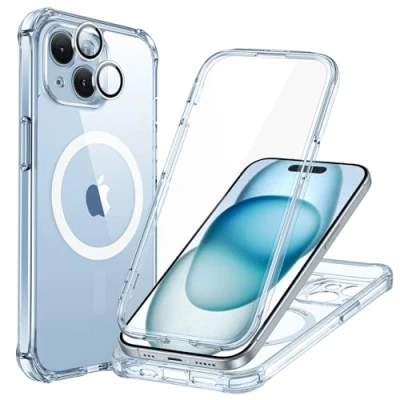 Afbeelding van ESR Hoesje voor iPhone 15, compatibel met MagSafe, Full Body Militaire Grade Valproof Case ingebouwde 9H+ gehard glas schermbeschermer, Armor Series, helder blauw