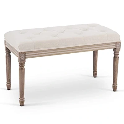 Afbeelding van VONLUCE Zitbank vintage retro met knopen van verschillende lengtes, Gestoffeerde bank linnen en hout, gevoerde zitting, Schoenenbank voor entryway, Bedbank lounge hocker, Krukbank slaapkamer woonkamer, Beige (80 x 42 47 cm)