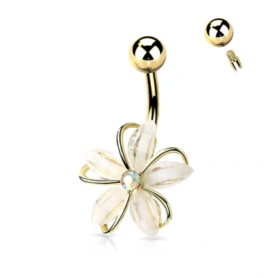 Afbeelding van Navelpiercing CZ steen wire witte bloem goud kleur