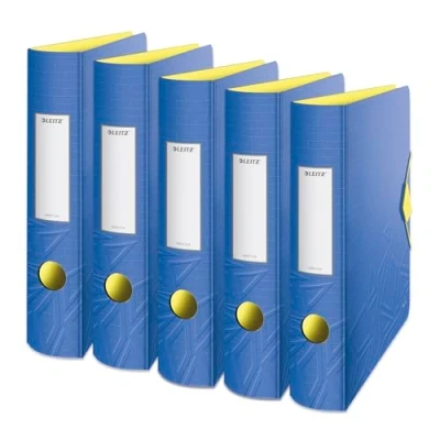 Afbeelding van Leitz Kwaliteitsordner 180 Active, 5 pack, A4, smal, afgeronde rug, 6,5 cm breed, elastische bandsluiting, licht polyfoam, plastic map, Urban Chic serie, blauw, 11170032