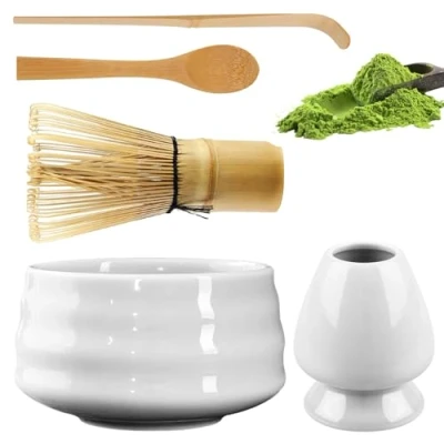 Afbeelding van matcha Theeset, bezemset met garde, bezemhouder, schaal van keramiek, 2 theelepels, Japanse accessoires voor de ceremonie, perfecte set bereiding, wit