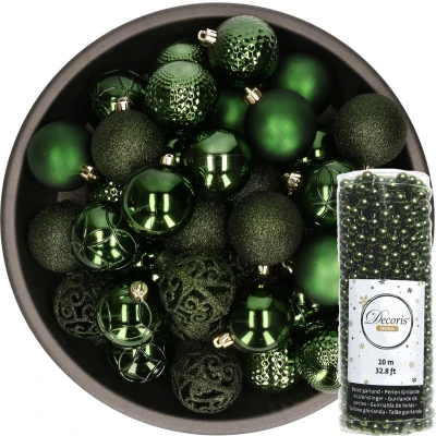 Afbeelding van 37x stuks kunststof kerstballen 6 cm inclusief kralenslinger donkergroen Kerstbal