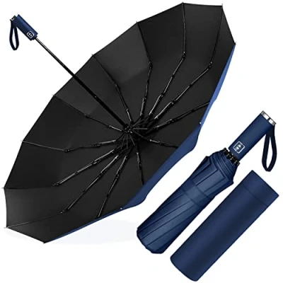 Afbeelding van Poligono Automatische Opvouwbare Paraplu, Draagbare Windbestendige Grote Regenparaplu met 12 Versterkte Ribben voor Mannen en Vrouwen, Diameter 105cm, Donkerblauw