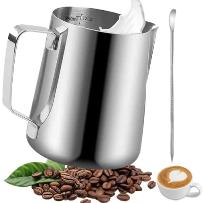 Afbeelding van Omtofo Melkkannetje, 350 ml melkkannetje roestvrij staal, barista met maataanduiding Mark en latte art pen, voor espresso, melkopschuimer, cappuccino melkkan, art, koffieliefhebber