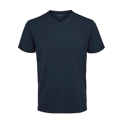 Afbeelding van SLHNEWPIMA T shirt met V hals voor heren, effen basic korte mouwen, stretch katoen, blauw (navy blazernavy blazer), M