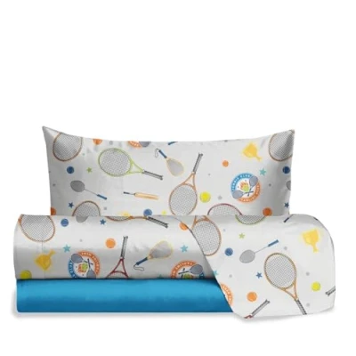 Afbeelding van hermet Jolly Eenpersoons beddengoedset voor eenpersoonsbed, tennis, 100% katoen, bovenlaken, hoeslaken + kussensloop, met patroon kinderkamer