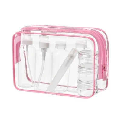 Afbeelding van MOCOCITO 10 delige Transparante Reisflessen en Toilettas Set Vulbare voor Shampoo, Lotion, Douchegel &amp; Cosmetica, Lekvrije Navulbare Reisaccessoires met Vloeistoffenzak
