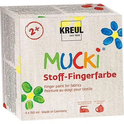 Afbeelding van KREUL 28400 Mucki Set van 4 blikken textiel vingerverf 150 ml Parabeen , gluten en lactosevrije veganistische verf op waterbasis