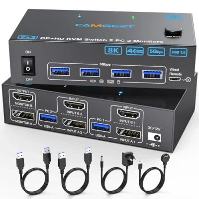 Afbeelding van 4K@144Hz HDMI Displayport KVM switch 2 monitoren computers, USB 3.0 Dual Monitor voor pc&#039;s en 4 poorten.Met kabels,12V2A adapter bekabelde afstandsbediening