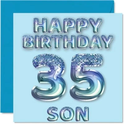 Afbeelding van 35e verjaardagskaart voor zoon blauwe glitter feestballonnen gelukkige verjaardagskaarten 35 jarige van mama papa ouders, 145 mm x cadeau