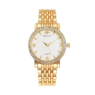 Afbeelding van JewelryWe Horloges dames roestvrij staal diamant: glitter strass analoog kwarts polshorloge partner vriendschap horloge met goud stalen armband cadeau voor vrouwen meisjes,