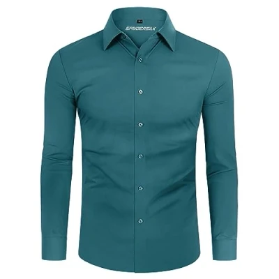 Afbeelding van DEMEANOR Overhemd Heren Stretch Lange Mouwen Vrijetijdshemd Slim Fit Zakelijk Strijkvrij, Turquoise, L