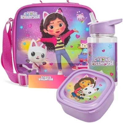 Afbeelding van Get Trend Gabby&#039;s Dollhouse lunchtasset voor kinderen, 3 delige set met snack, lunchbox BPA vrij, 400 ml waterfles, geïsoleerde tas, reizen, picknick, kleuterschool, schoolbenodigdheden (Gabby&#039;s