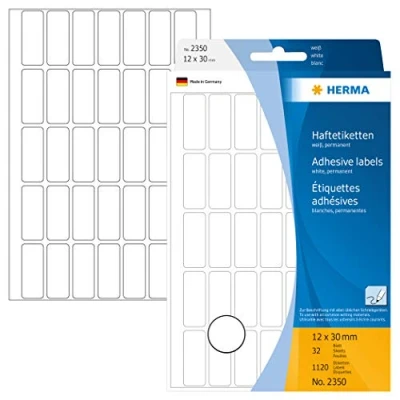 Afbeelding van HERMA 2350 mini multifunctionele etiketten (12 x 30 mm, 32 velles, papier, mat) zelfklevend, permanent klevende huishoudelabels voor handschrift, 1,120 stickers, wit