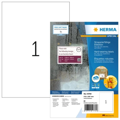 Afbeelding van HERMA 10784 Weerbestendige folie etiketten, 80 vellen, 210 x 297 mm, 1 per A4 vel, stuks, zelfklevend, bedrukbaar, mat, blanco zelfklevende etiketten van folie, wit