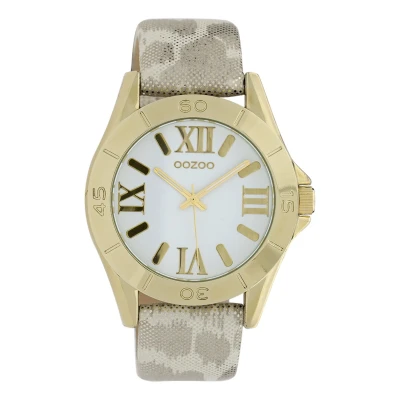 Afbeelding van OOZOO Timepieces Goudkleurige horloge met zilverkleurig/witte leren band C9781