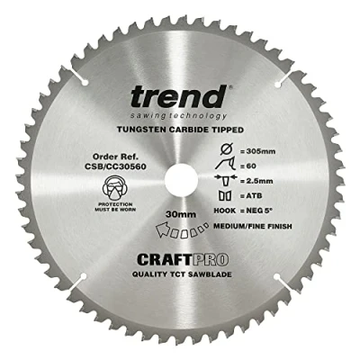 Afbeelding van Trend CraftPro crosscutting TCT cirkelzaagblad met negatieve haaksnede, 305 mm diameter x 60 tanden 30 asgat, wolfraamcarbide getipt, CSB/CC30560