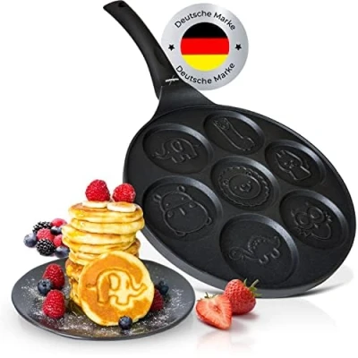 Afbeelding van endusor Pancakepan met diermotief, 7 grappige kindermotieven, diameter 26 cm, PowerShield coating, inductie, keramisch gas, elektrisch, mini vormmaker, dierenwafel figuren