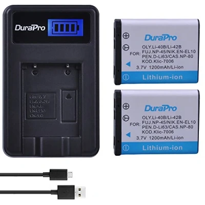 Afbeelding van DuraPro 2 x accu Li 40B 42B met LCD USB oplader voor Olympus Nikon EN EL10 Fuji NP 45 Pentax D Li63 Kodak Klic 7006 Casio 80 FinePix J10 J15 J100 J110w