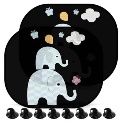 Afbeelding van Autozonwering voor kinderen, 2 stuks, 44 x 35 cm, universele autozonwering, zelfklevend met 8 zuignappen, motief: olifanten, zonwering 99% tegen uv stralen