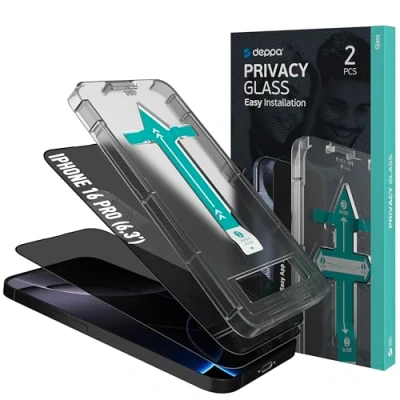 Afbeelding van Deppa [2 Stuks] Privacy Screen Protector voor iPhone 16 Pro (6.3&#039;) Schermbeschermer Gehard glas Volledige dekking met eenvoudig installatievak Anti Spy, Private, Dark, Black Film (Videogids)