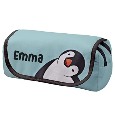 Afbeelding van Gepersonaliseerde etui met klep en naam 2 compartimenten toilettas ijdelheid Case make up portemonnee telefoon handtas potloodzak houder pinguïn [151]