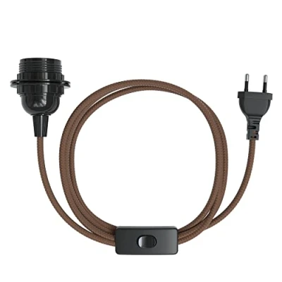 Afbeelding van EAZY CASE E27 lamphouder met 5 m kabel van stof, schakelaar, schroefring voor lampenkap en stekker, ideale lampophanging hanglampen, doe het zelf lamp, bruin