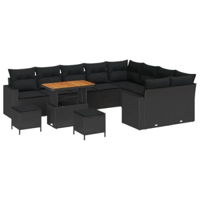 Afbeelding van vidaXL 12 delige tuinsofa set met kussens Zwart Poly Rattan Acacia, 3 tuin eetset Acacia