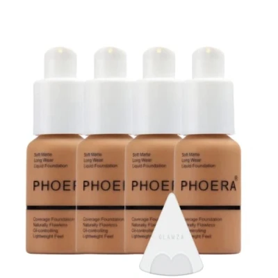 Afbeelding van Glamza Phoera foundation make up set met volledige dekking 24 uurs langdurige oliebestrijding zachte gladde matte vlekkeloze concealer crème Inc x4 30ml en siliconen blender spons (108 tan)