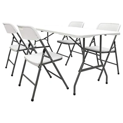Afbeelding van Tuinzitgroep 180 cm tafel met 4 Stoelen Tuinmeubelset Klapbaar Eetgroep Wit Kunststof