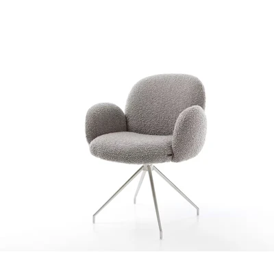 Afbeelding van Eetkamerstoel Nube Flex met armleuning kruisframe conisch roestvrij staal bouclé zilver grijs pocketveer kern 180 draaibaar