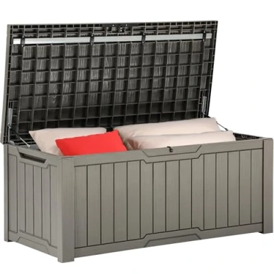 Afbeelding van YITAHOME Tuinopbergdoos, waterdicht, 450 l, grote opbergdoos voor buiten met deksel, afsluitbare dekdozen, outdoor opbergcontainers terraskussens, tuingereedschap, lichtbruin, 140 x 66 59 cm