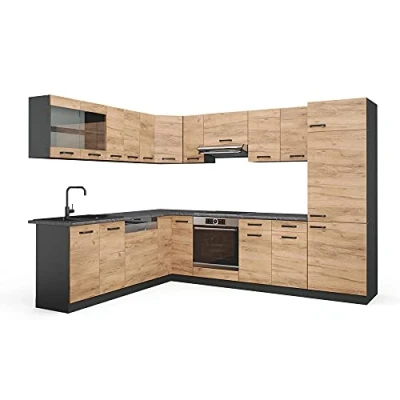 Afbeelding van Vicco Hoekkeuken R Line, Eik goud/antraciet/Antraciet, 227 x 60 cm zonder werkblad