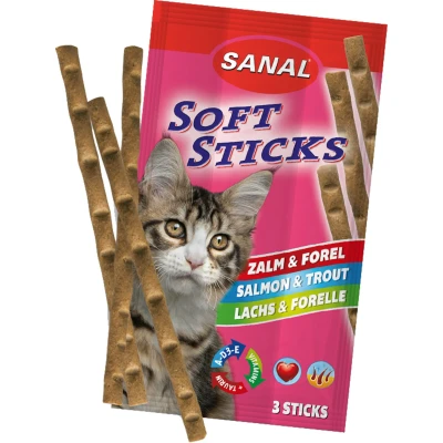 Afbeelding van Sanal Softsticks Kattensnack Kattensnoepje Zalm en Forel 1 x 3 verpakt