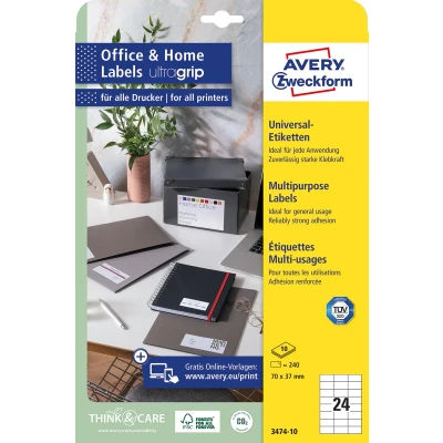 Afbeelding van Avery Zweckform Universele Etiketten, 70 X 37 Mm, Wit, Permanent Klevend, 240 10 Vellen Etiket