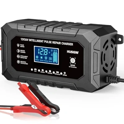 Afbeelding van 10 Amp auto acculader, 12 V 7 traps opladen, Smart LCD schermonderhouder/pulsreparatie acculaderpakket voor auto, motorfiets, loodzuur/lithiumbatterijen (15A)
