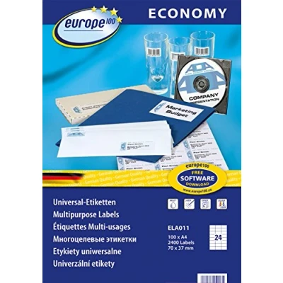 Afbeelding van europe100 ELA011 Universele etiketten A4 (70x37,1 mm, 2400 op 100 vellen, zelfklevend, 3474) wit
