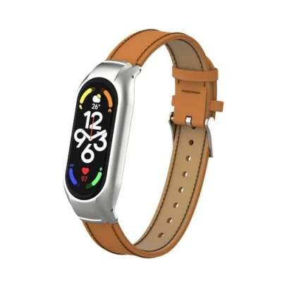 Afbeelding van T BLUER Compatibel met Xiaomi Mi Band 7 band,lederen vervangende Polsbandaccessoires metalen frame voor slimme armband,Bruin