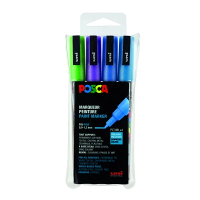 Afbeelding van Posca paintmarker PC 3M, set van 4 markers, glitter, paars groen lichtblauw donkerblauw