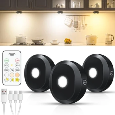 Afbeelding van WILLED kastverlichting oplaadbaar met afstandsbediening, 3 kleuren draadloze puck lights, oplaadbare LED spot timerfunctie, plaklampen voor keuken, kast, aanrecht, plank, pack