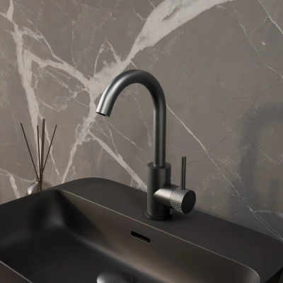 Afbeelding van Wastafelmengkraan BWS Ridged Gebogen met Draaibare Uitloop Gunmetal