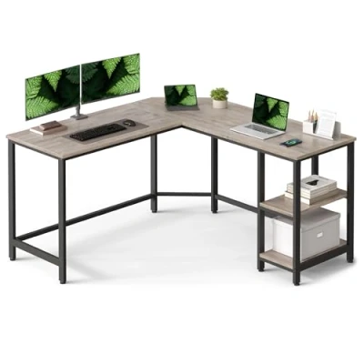 Afbeelding van VASAGLE bureau, L hoekbureau met 2 planken, ruimtebesparend bureau in industrieel ontwerp, 138 x 75 cm, grijs zwart LWD72MB