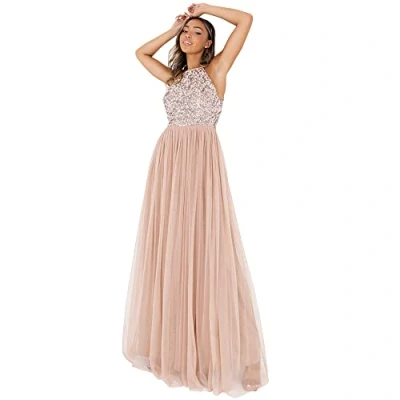 Afbeelding van Maya Deluxe Maxi jurk voor dames, bruidsmeisje, halterjurk, pailletten, versierd, eindexamenfeest, bruiloft, Taupe Blush, 36
