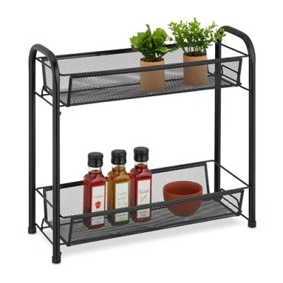 Afbeelding van Relaxdays kruidenrek aanrecht metalen keukenrek badkamer organizer 2 etages bureau zwart