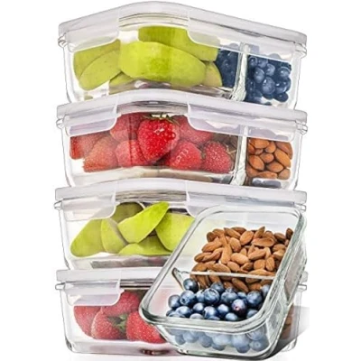 Afbeelding van PrepNaturals 5 Pack 27oz Glazen Maaltijdbereidingscontainers Vaatwasser Magnetron Vriezer Oven Safe Opbergcontainers met Deksels (Multi Compartiment)