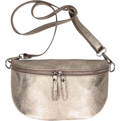 Afbeelding van Bronzen Metallic Leren Heuptas Dubbele Ritsen Crossbody Tassen Zilver Beslag Brons
