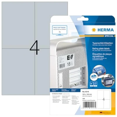Afbeelding van HERMA 4216 typeplaatje etiketten A4 (105 x 148 mm, 25 vellen, polyesterfolie, mat) zelfklevend, bedrukbaar, extreme sterke naambordelabels, 100 voor printer, zilver