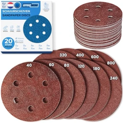 Afbeelding van EffektWerk Schuurschijven (20 stuks, 6 gaten), 150 mm schuurpapier met meerdere korrelgroottes (40, 60, 80, 120, 180, 240, 320, 400, 600, 800)