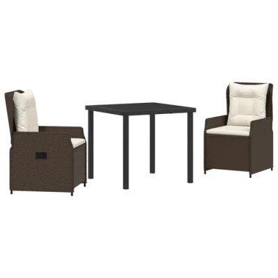 Afbeelding van vidaXL 3 delige Tuin Eetset Bruin Poly Rattan, Tafel Zwart 80x80x73 cm Gehard Glas