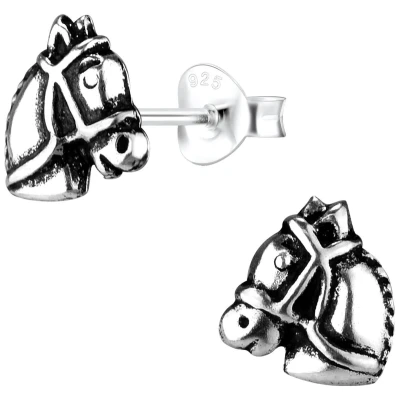 Afbeelding van JoyS Zilveren paard oorbellen 8 x 9 mm geoxideerd paardenhoofd